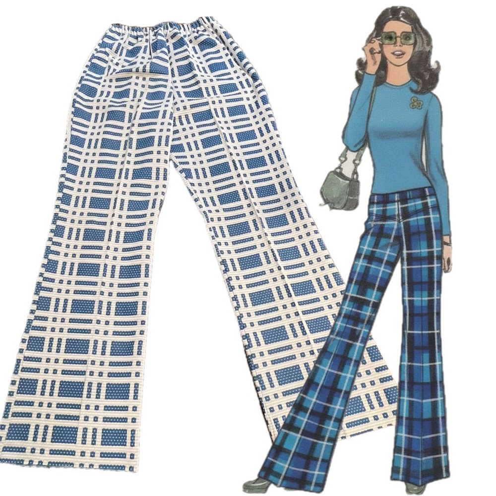 VINTAGE 70s wide leg bellbottom trouser pants elastic pull on waist blue plaid‎